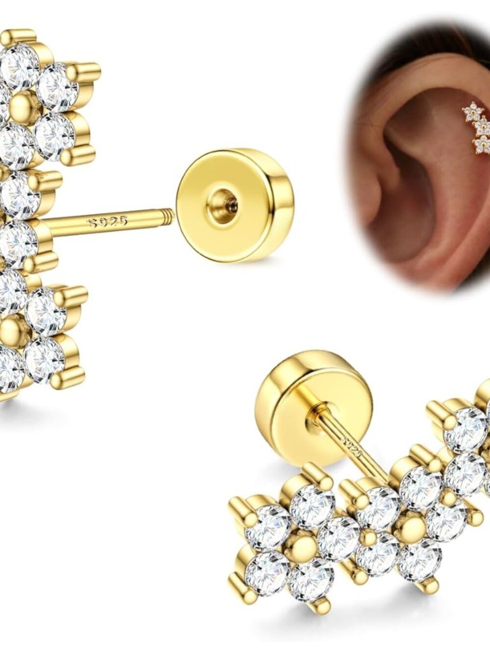 925 Sterling Silver Flat Back Stud Earrings For Women Hypoallergenic | 14k Gold